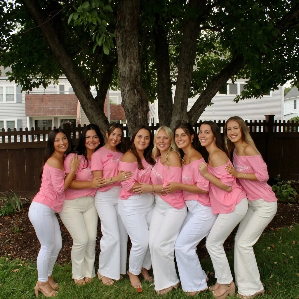 c056e430-2178-4e13-a07b-20a0c82b Matching Pink and White Group Photo of Eight Sisters under a Grand Tree - Image 1